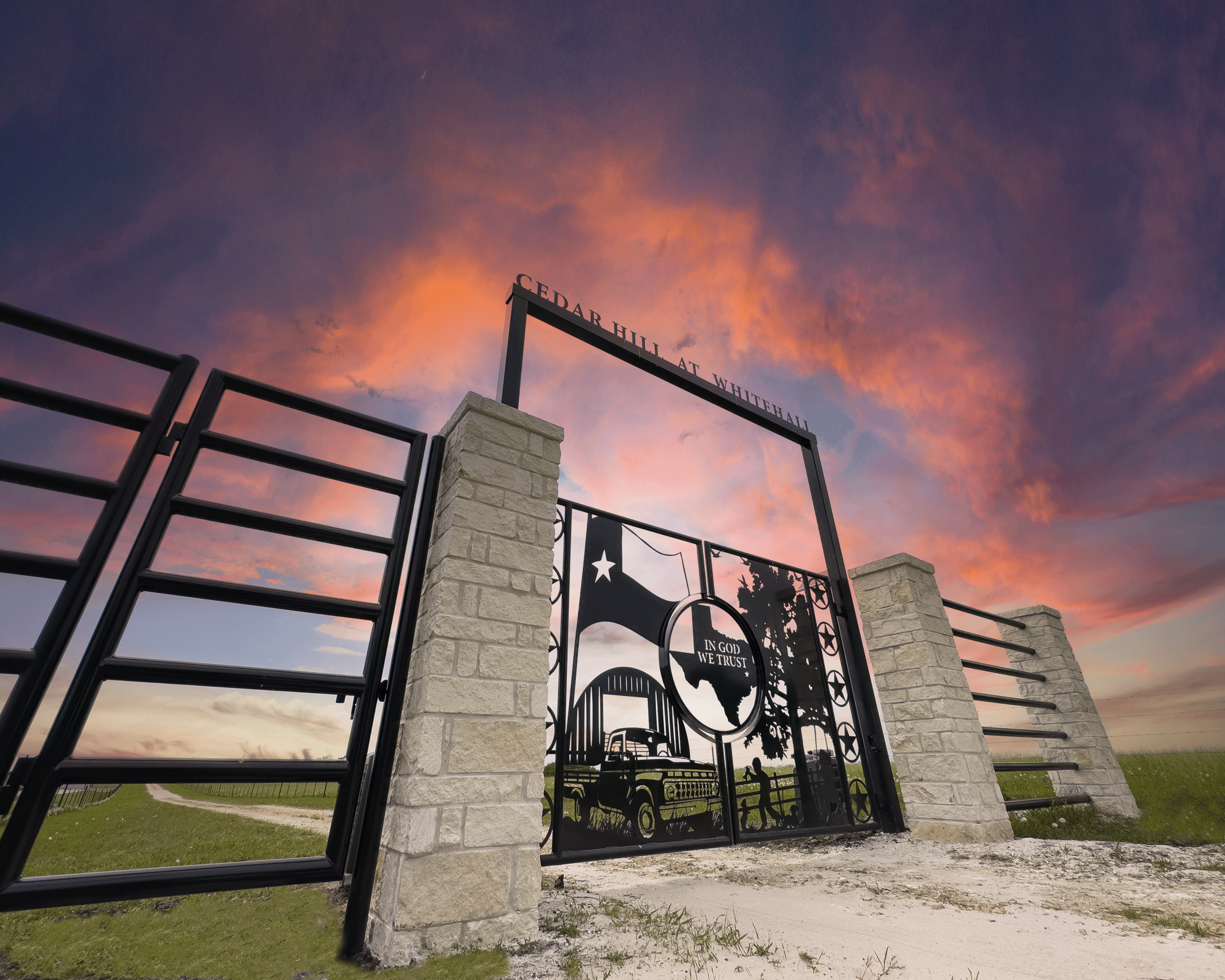 Custom metal art of Texas flag with family, dog and truck of the family with stone columns and custom overhead with text.