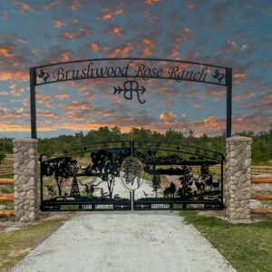 Custom black Grand Collection gate with centerpiece of an Indian Headdress and wildlife scene throughout the gate