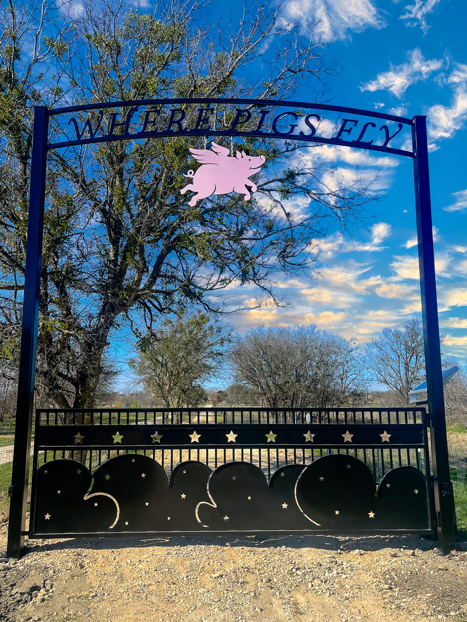black gate with clouds on the bottom and pink pig flying