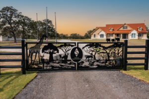 Wildlife metal art on gate