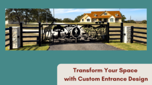 Custom entrance with gate, pipe fencing, gate automation, and stone columns